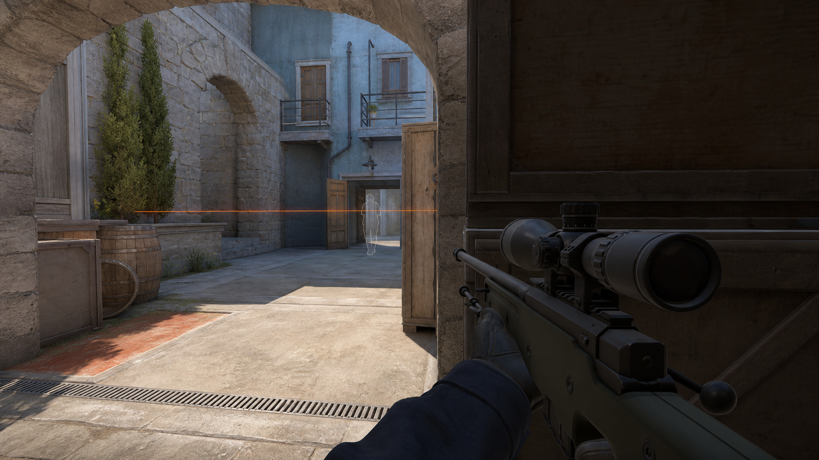 AWP pre-aim line held at upper torso height through a doorway in a tactical FPS arena